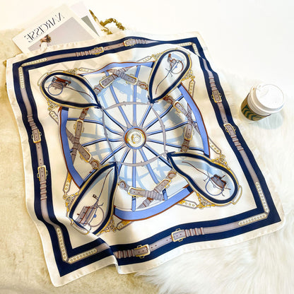 Foulard carré de soie 70 - La Ronde Équestre Bleu