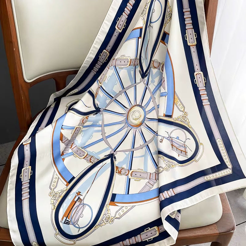 Foulard carré de soie 70 - La Ronde Équestre Bleu