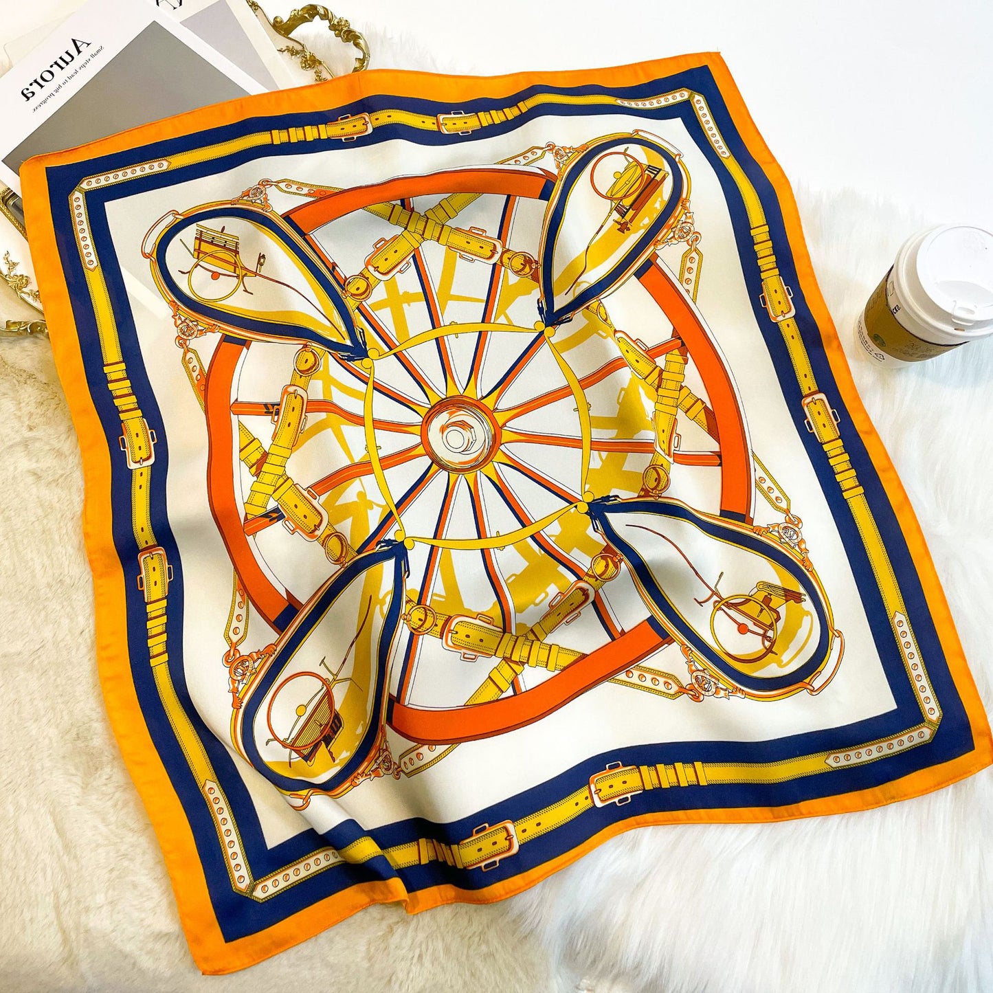 Foulard carré de soie 70 - La Ronde Équestre Orange