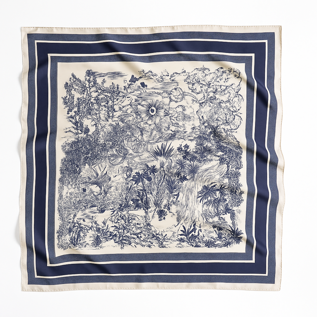 Foulard carré de soie 70 - Jardin Secret Bleu Nuit