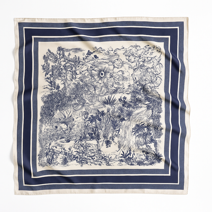 Foulard carré de soie 70 - Jardin Secret Bleu Nuit