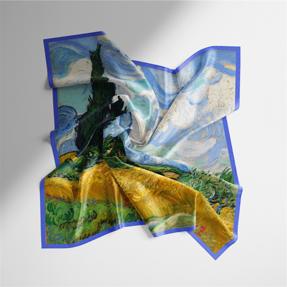 Foulard carré de soie 50 - Champ de blé avec cyprès, Van Gogh-Maison Berettini