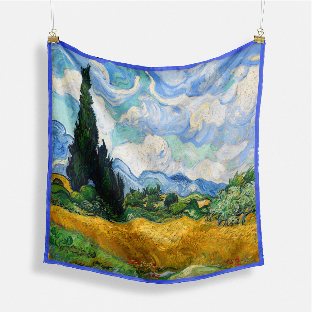 Foulard carré de soie 50 - Champ de blé avec cyprès, Van Gogh-Maison Berettini