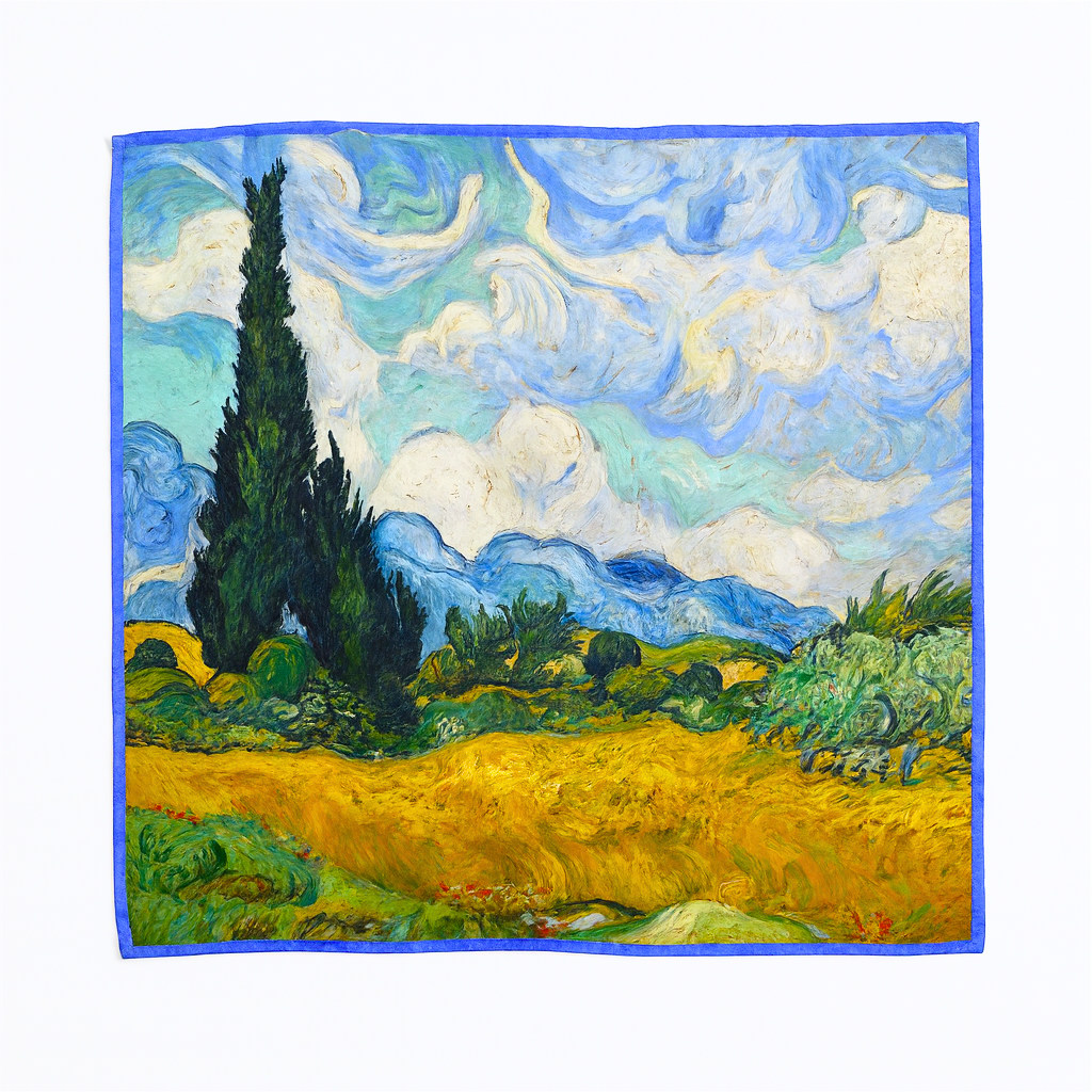 Foulard carré de soie 50 - Champ de blé avec cyprès, Van Gogh-Maison Berettini