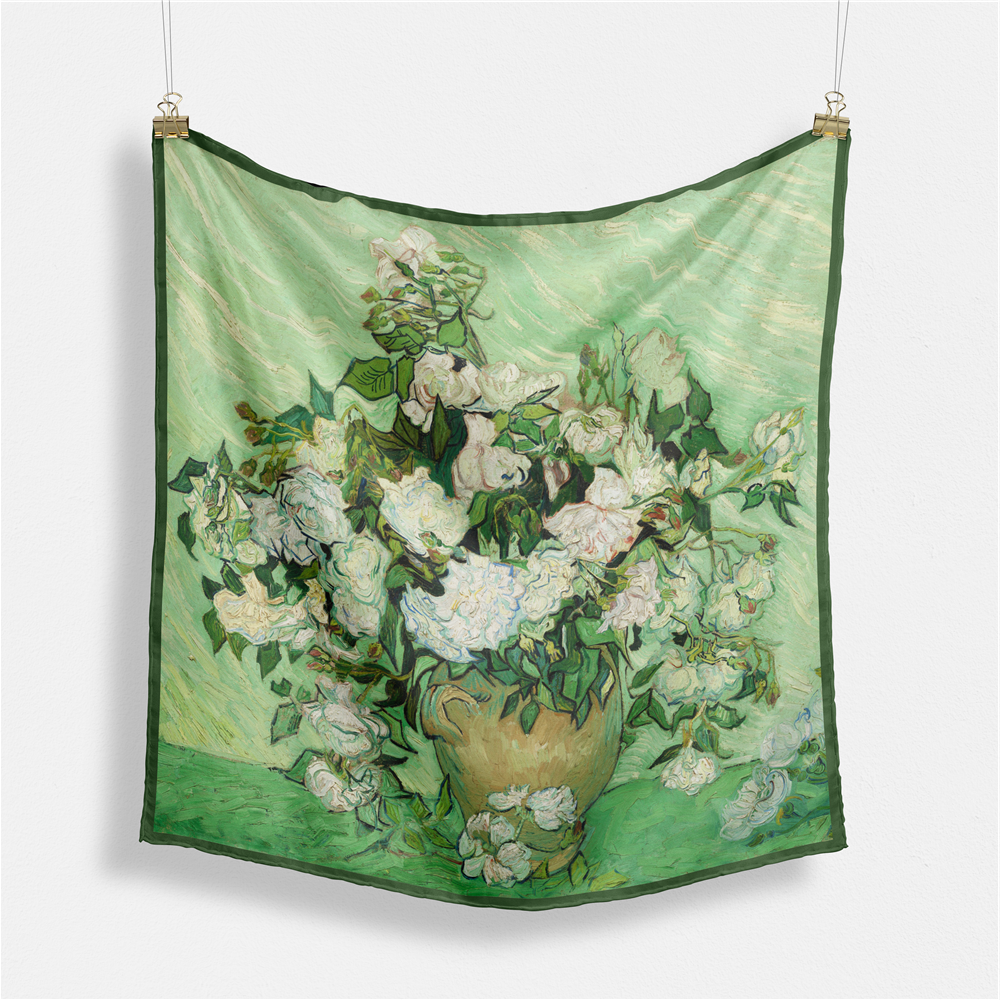 Foulard carré de soie 50 - Vase aux roses roses, Van Gogh-Maison Berettini