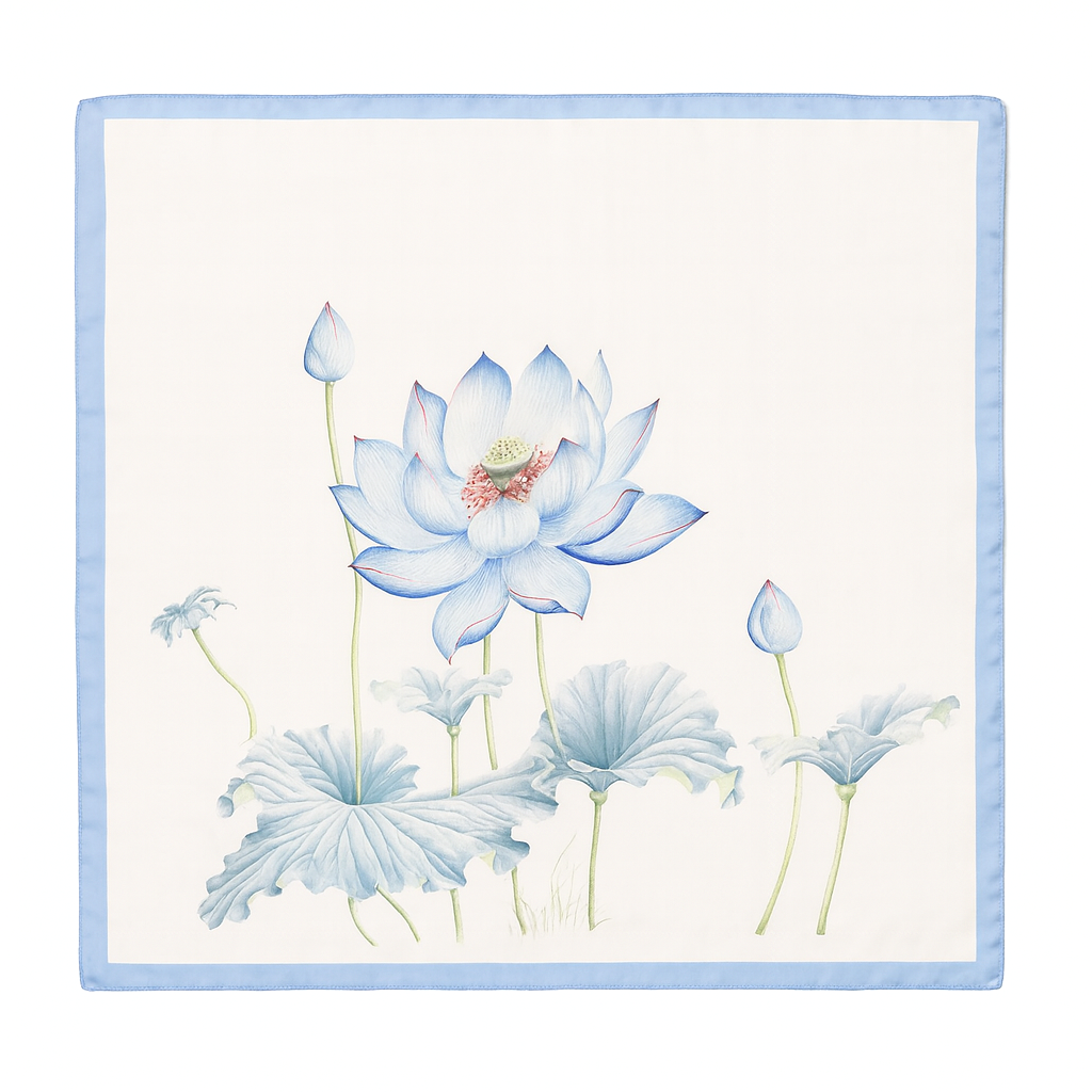 foulard carré de soie 70 - Le Lotus Bleu-Maison Berettini