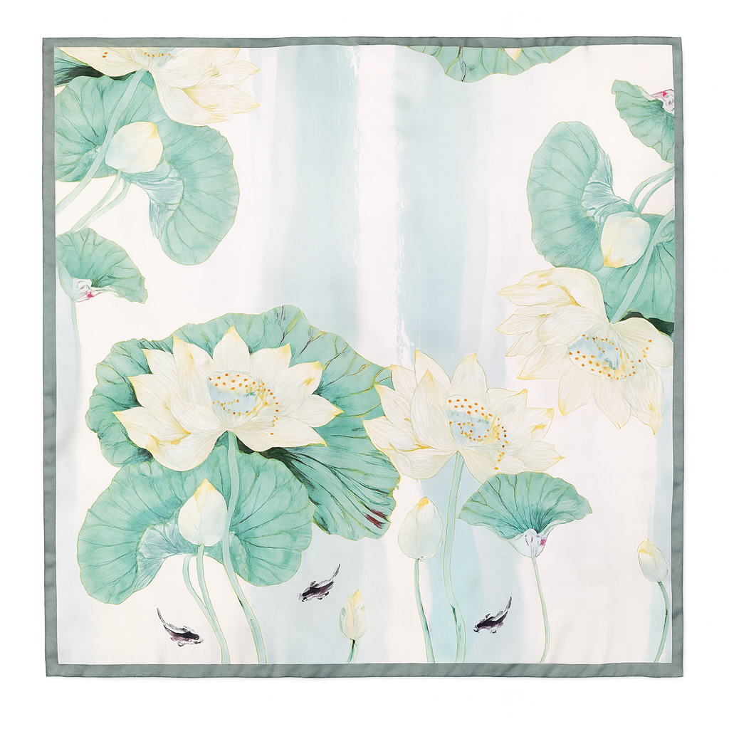 Foulard carré de soie 70 - Lotus et Carpes Koi-Maison Berettini